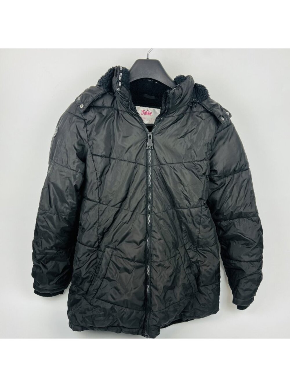 Justice Girls Black Puffer Faux Hooded Winter Jacket Size XL (16/18)